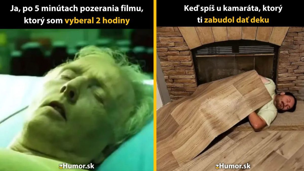 Dvaja muži spia v komických situáciách; prvý pri filmovom plátne, druhý zakrytý kúskom podlahy.