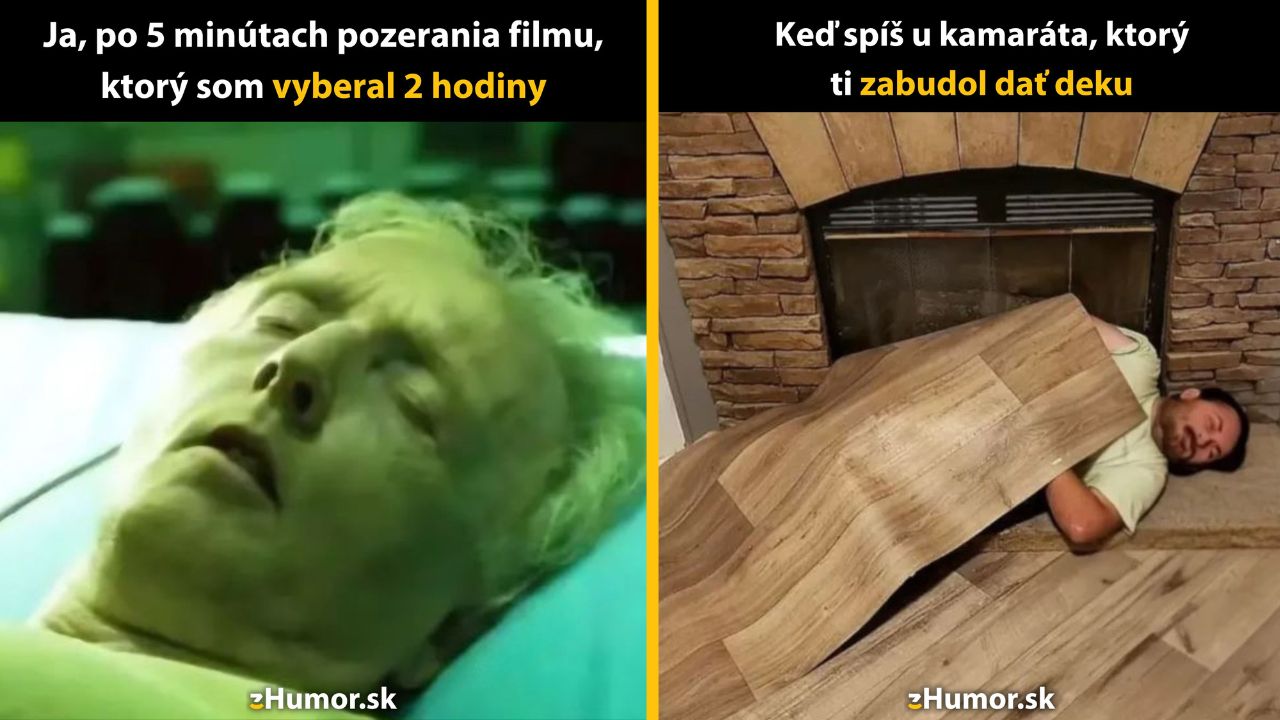 Dvaja muži spia v komických situáciách; prvý pri filmovom plátne, druhý zakrytý kúskom podlahy.