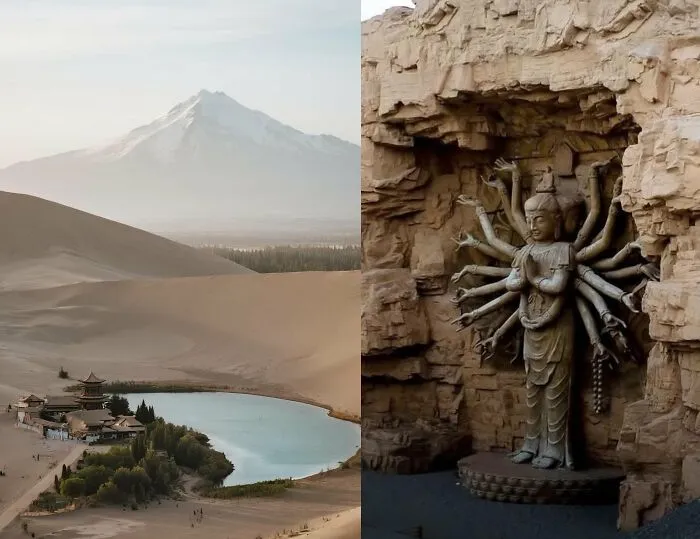 Poušť a jazero s horou v pozadí; socha Viacručnej bohyne v skalnej jaskyni.