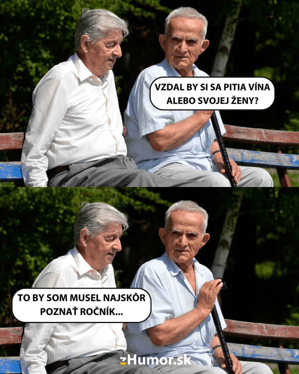 Dvaja starší muži sediaci na lavičke v parku, žartujú o pití vína a manželstve.