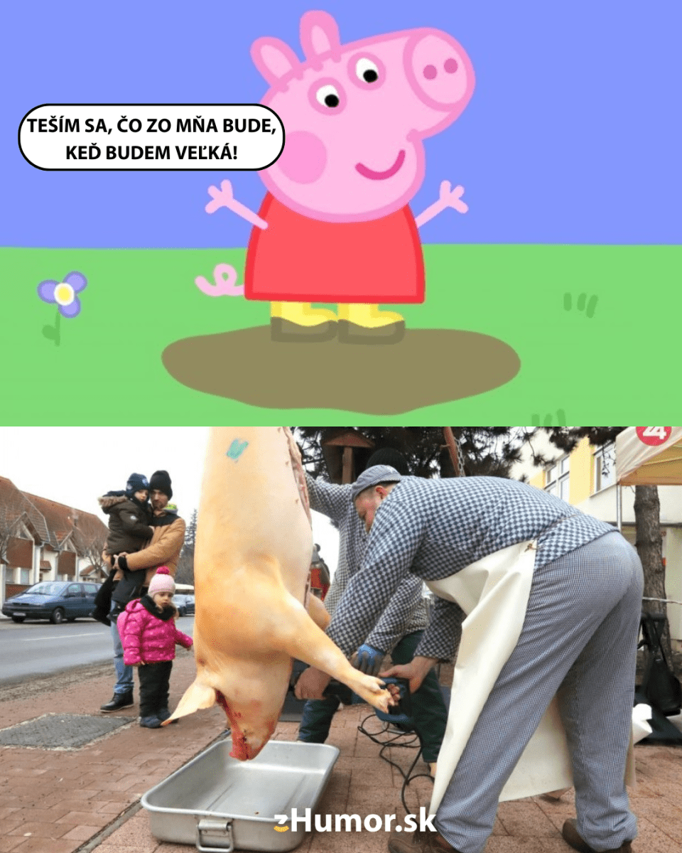 Kreslená postavička prasiatka s optimistickým prejavom, kontrastuje s obrázkom zabíjačky.