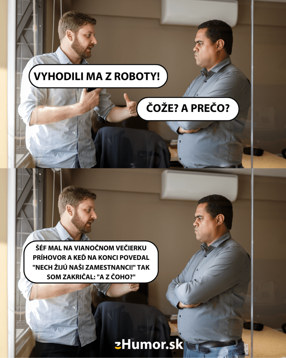 Dva muži diskutujú v kancelárii, jeden sa sťažuje na stratu práce kvôli vtipu na firemnej akcii.