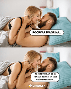 Pár sa zasmeje v posteli pri vtipnom dialógu na tému vzťahového humoru.