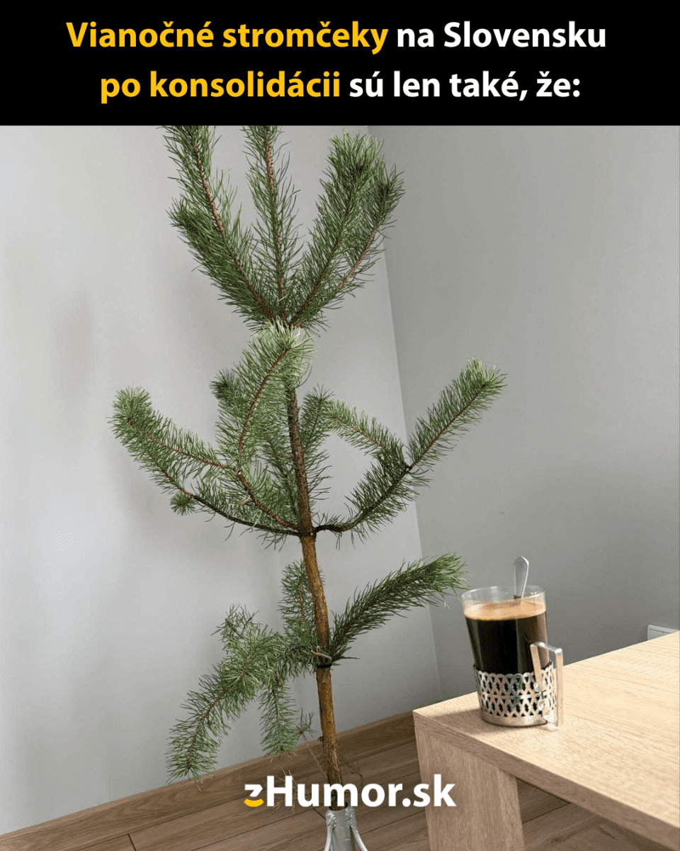 Minimalistický vianočný stromček so šálkou kávy na stole, symbolizuje humor počas sviatočného obdobia na Slovensku.