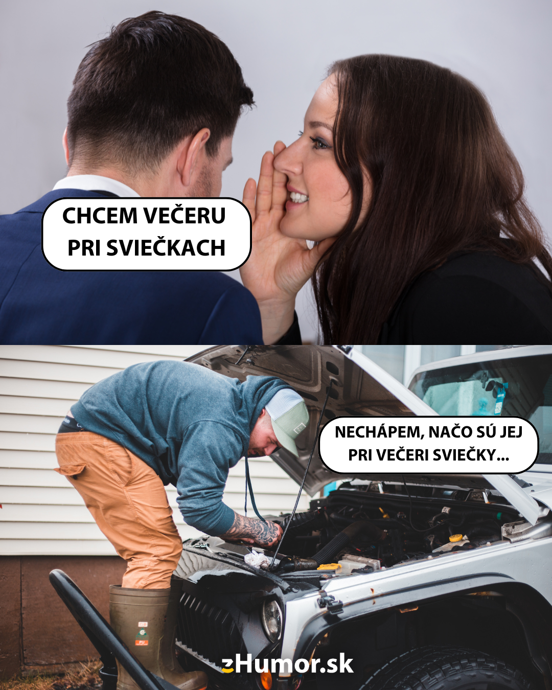 Pár šepkajúcich si želania a muž opravujúci auto vtipne nepochopil význam večere pri sviečkach.