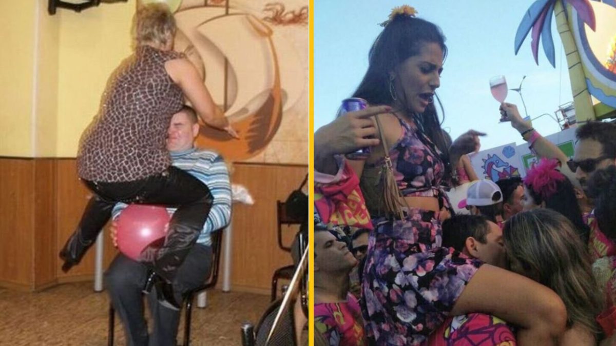 Žena sediaca na mužovi počas zábavy, má nadšený výraz a porovnanie dvoch party situácií na jednom obraze.