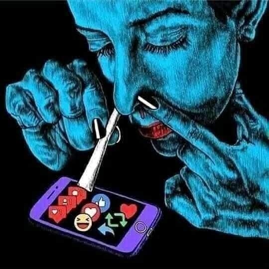 Osoba závislá na sociálnych médiách, vdychujúca reakcie z mobilu, znázornenie digitálnej závislosti.