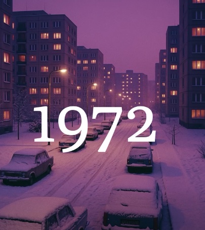 Zasnežená ulica medzi panelákmi s autami v roku 1972. Zimný večer s rozsvietenými oknami.