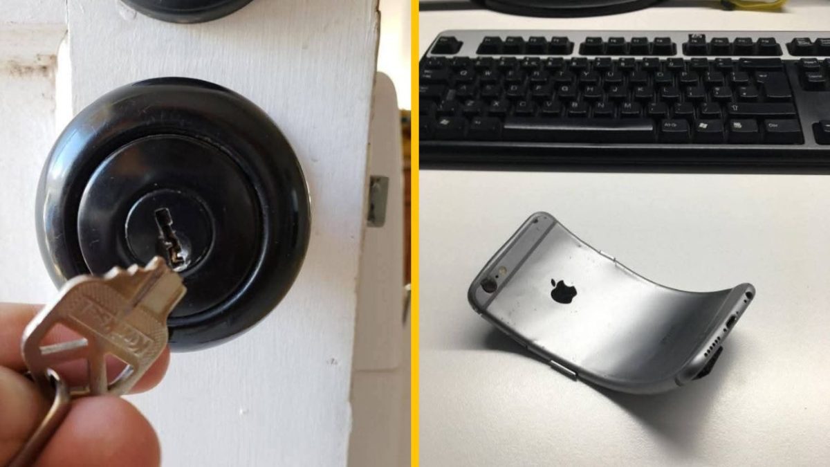 Naľavo zamknutý zámok s kľúčom, napravo ohnutý telefón na stole pred klávesnicou.