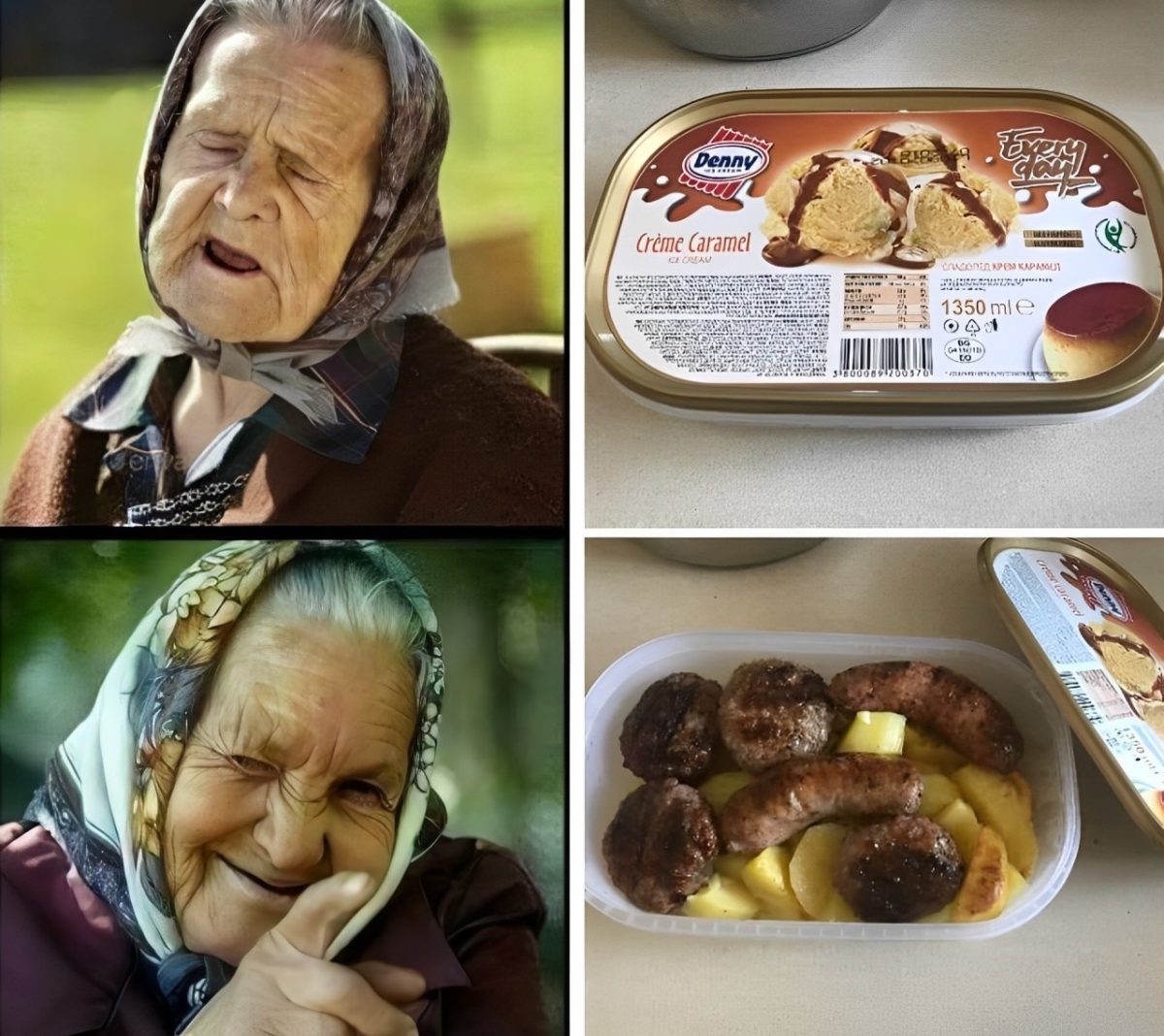 Staršia pani so šatkou, vanilková zmrzlina a klobásky s pečenými zemiakmi na stole.