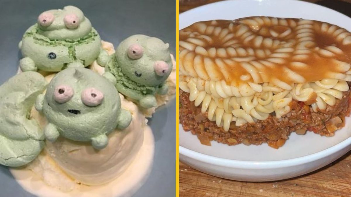 Zábavná cukrovinka so zelenými figúrkami vedľa misky so špirálovitými cestovinami a omáčkou.