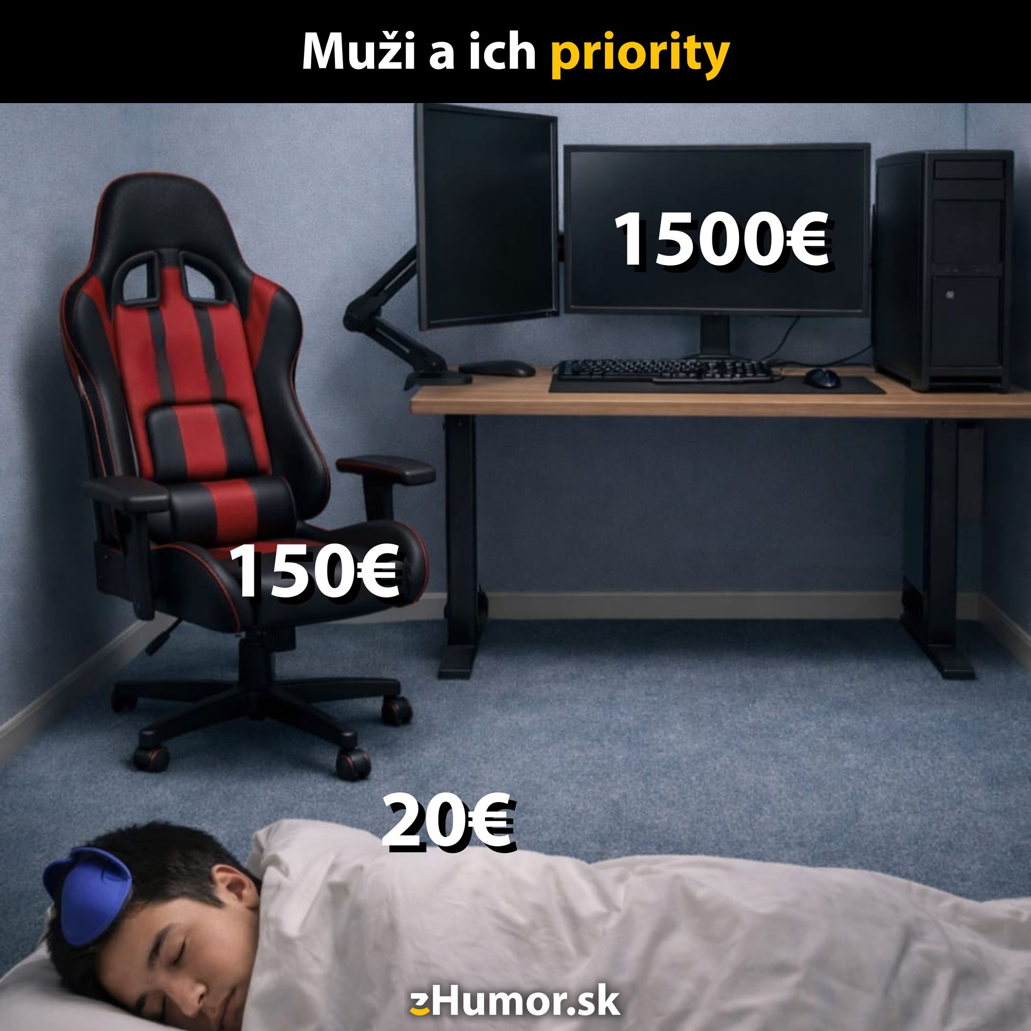 Muži a ich priority: drahá technika na stole, pohodlná stolička a lacné lôžko s mužom v spánku.