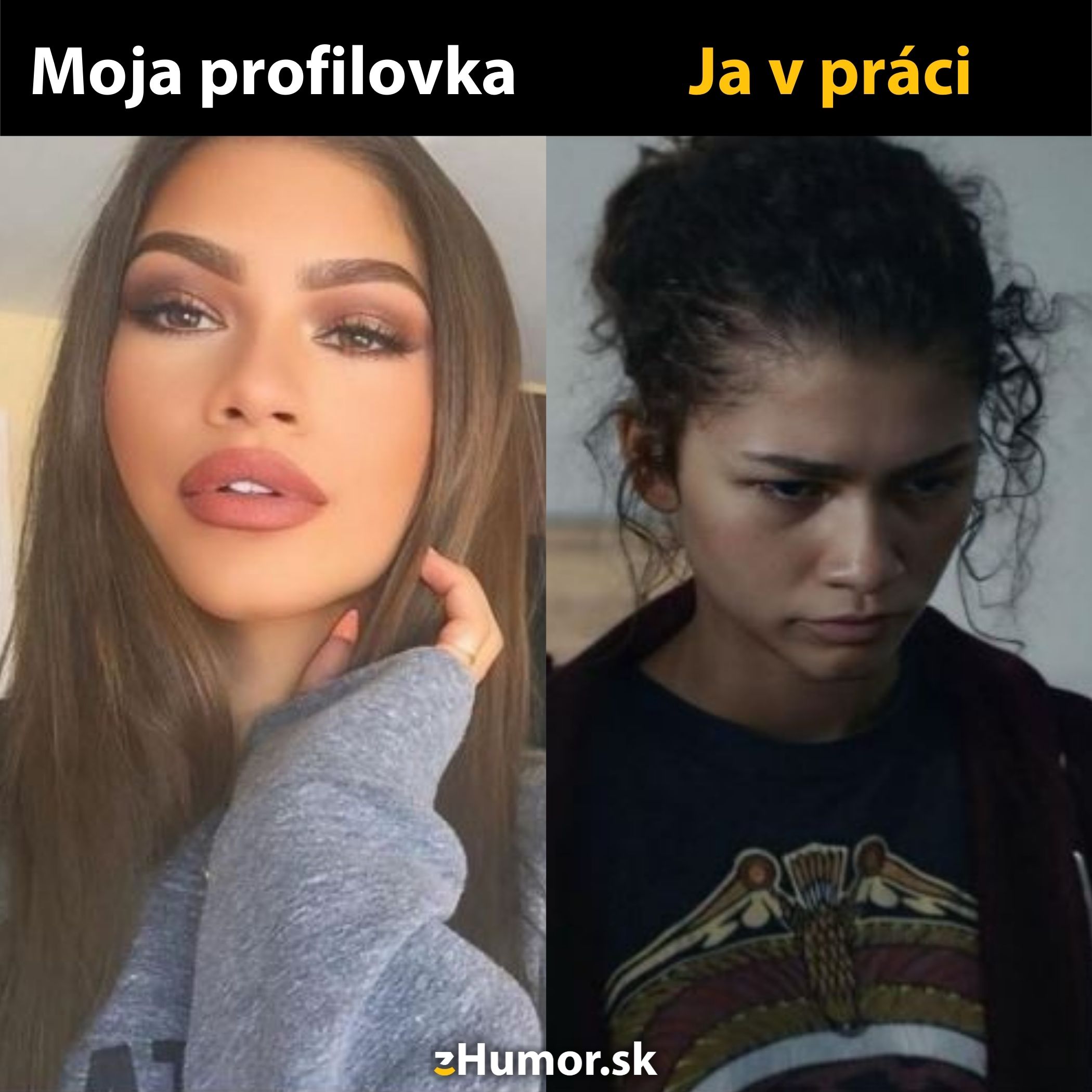 Obrázok: Porovnanie profilovej fotky a reálneho vzhľadu v práci, s humorom zobrazujúci kontrast medzi realitou a sociálnymi médiami.