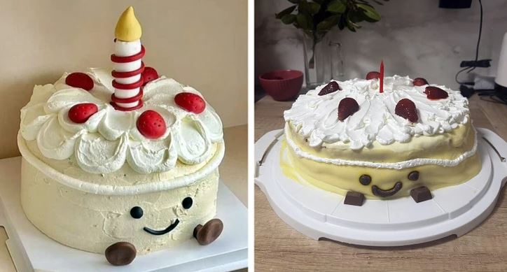Dve verzie torty so smotanovým krémom, čerstvými jahodami a veselo zdobenými tvárami na vrchu, vhodné na oslavu.