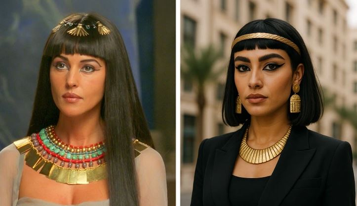 Na obrázku sú dve ženy inšpirované starovekým Egyptom, nosia výrazný make-up a ozdobné šperky.