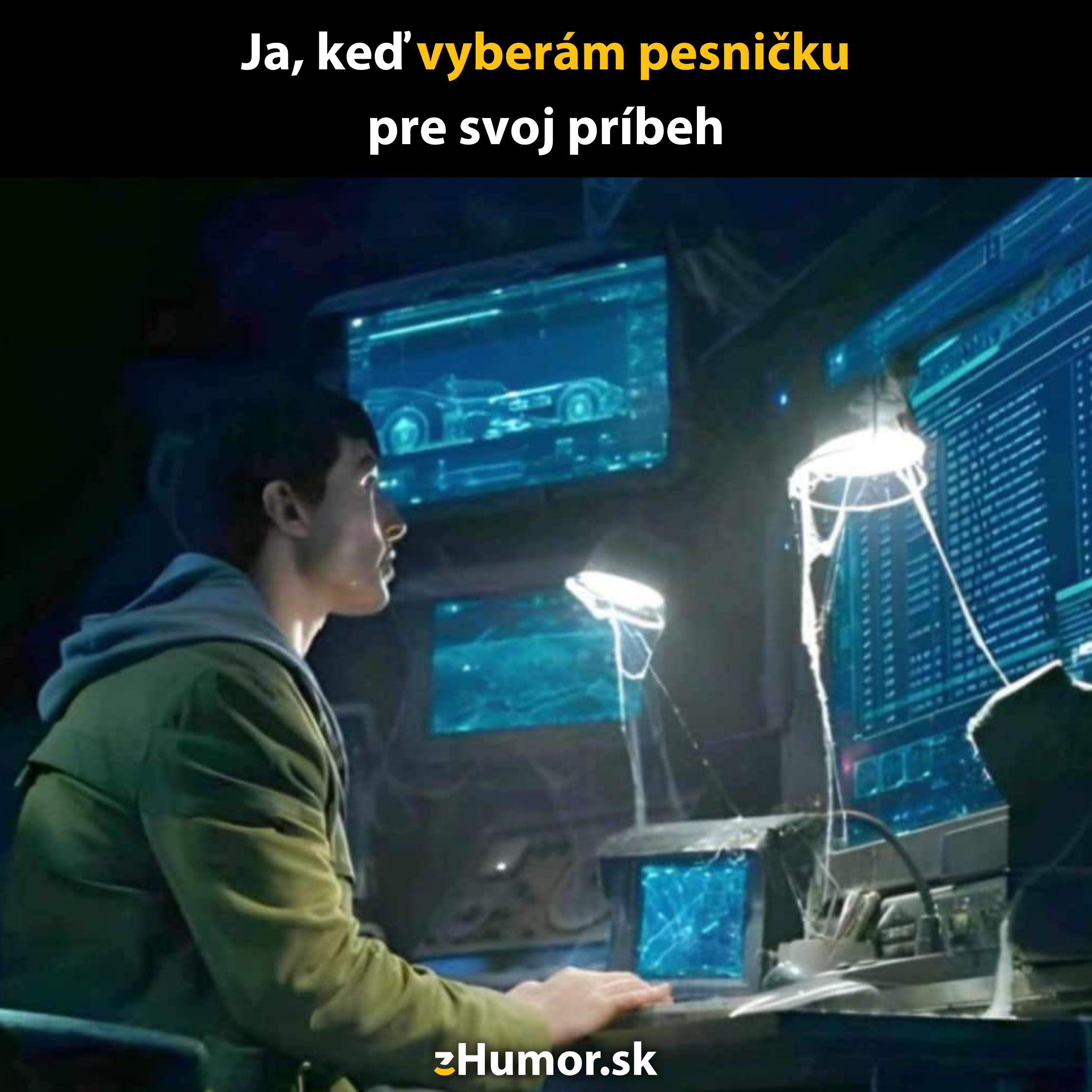 Muž hľadí na počítačové obrazovky v tmavej miestnosti, vyberá hudbu pre príbeh.