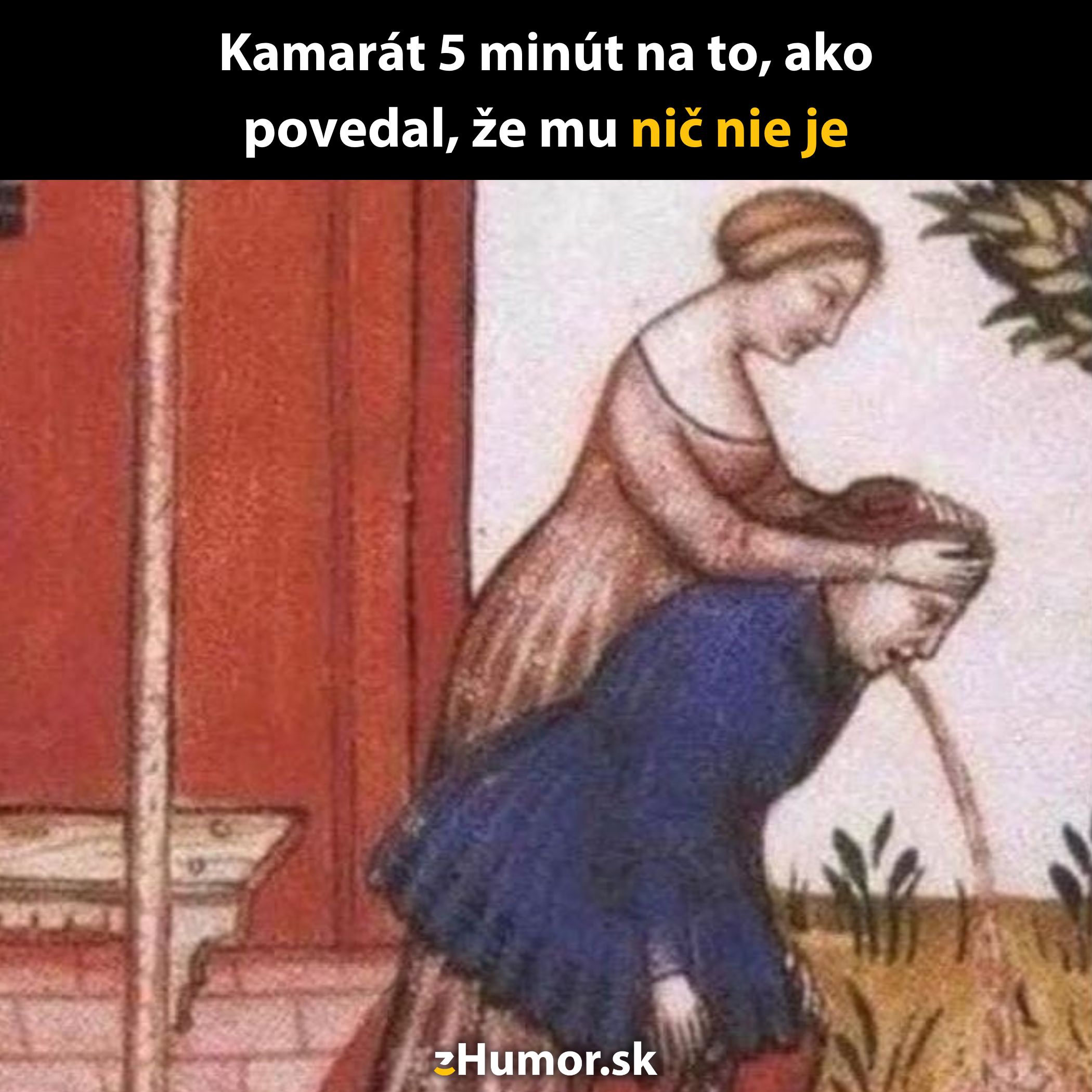 Žena pomáha mužovi, ktorý vracia, v stredovekej ilustrácii s humoristickým textom o klamaní o svojom zdravotnom stave.
