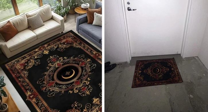 Veľký elegantný koberec v obývačke a malý rohožkový koberec pred dverami, oba s rovnakým vzorom.