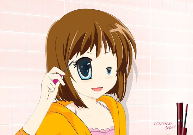 Postava anime s krátkymi hnedými vlasmi si nanáša maskaru v oranžovej mikine na ružovom pozadí.