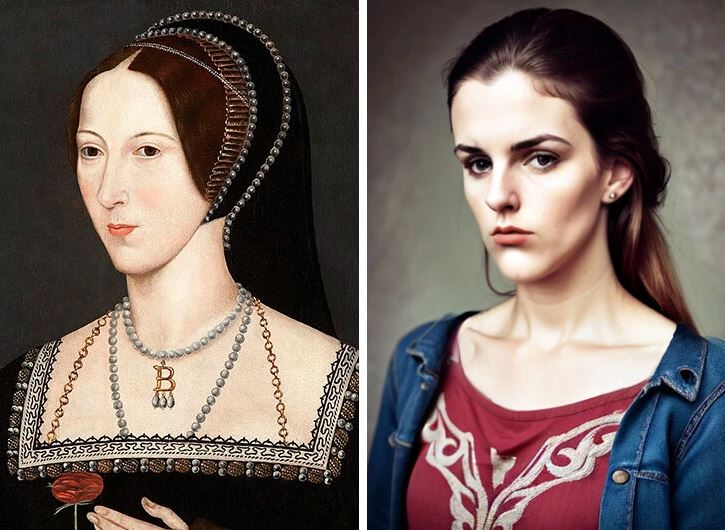 Obrázok dvoch žien; vľavo historický portrét, vpravo súčasná žena v modernom oblečení.