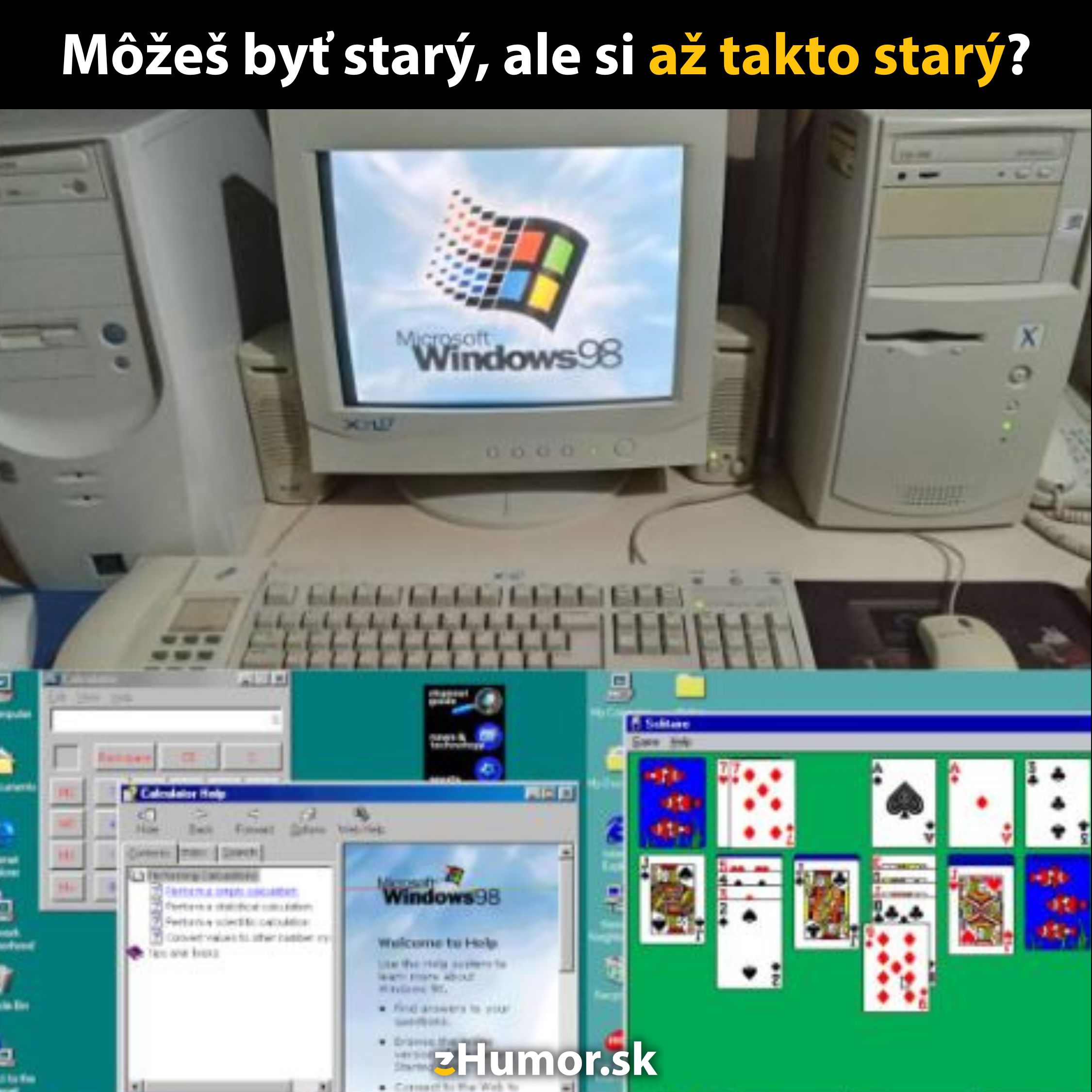 Staré počítače s Windows 98 a známymi aplikáciami vtipne na nostalgickom obraze.