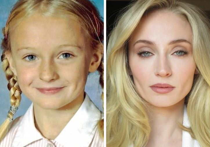Osoba na dvoch portrétoch: dievča s vrkočmi a dospelá žena s dlhými blond vlasmi.