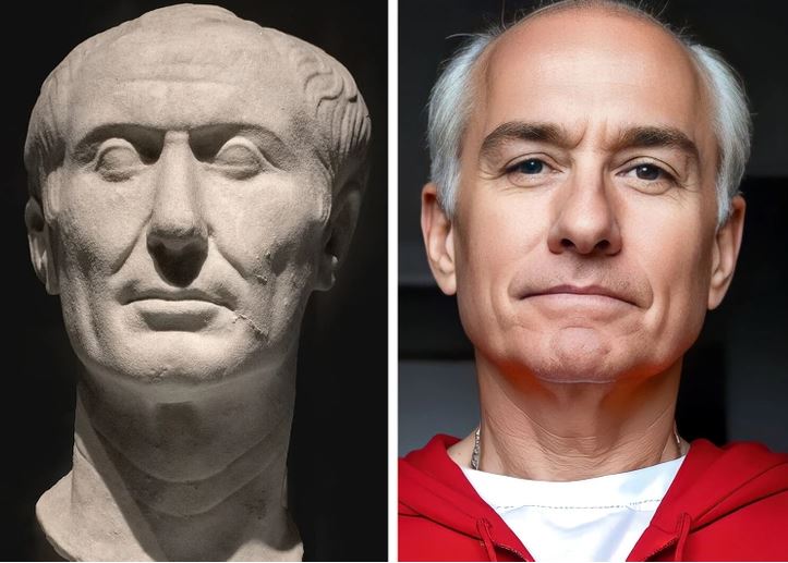 Ľavá strana: staroveká busta, pravá strana: moderný muž v červenej mikine; porovnanie historického a súčasného vzhľadu.