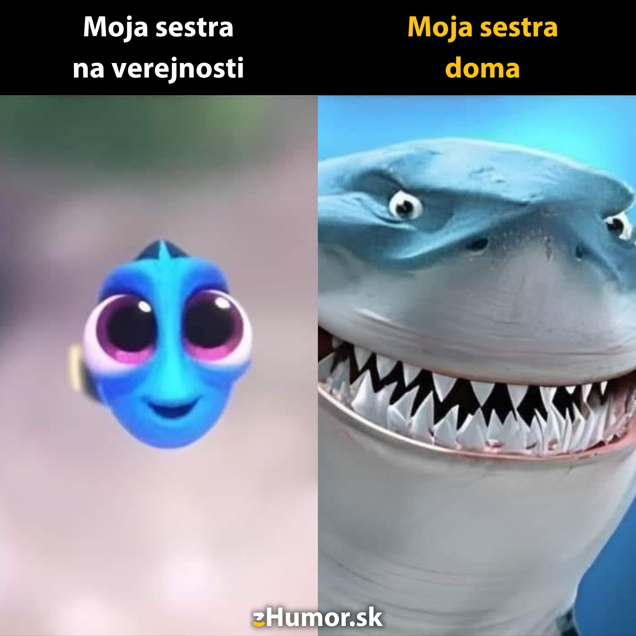 Kreslená postavička Dory naľavo, usmievajúci sa žralok napravo. Text: Moja sestra na verejnosti/doma.