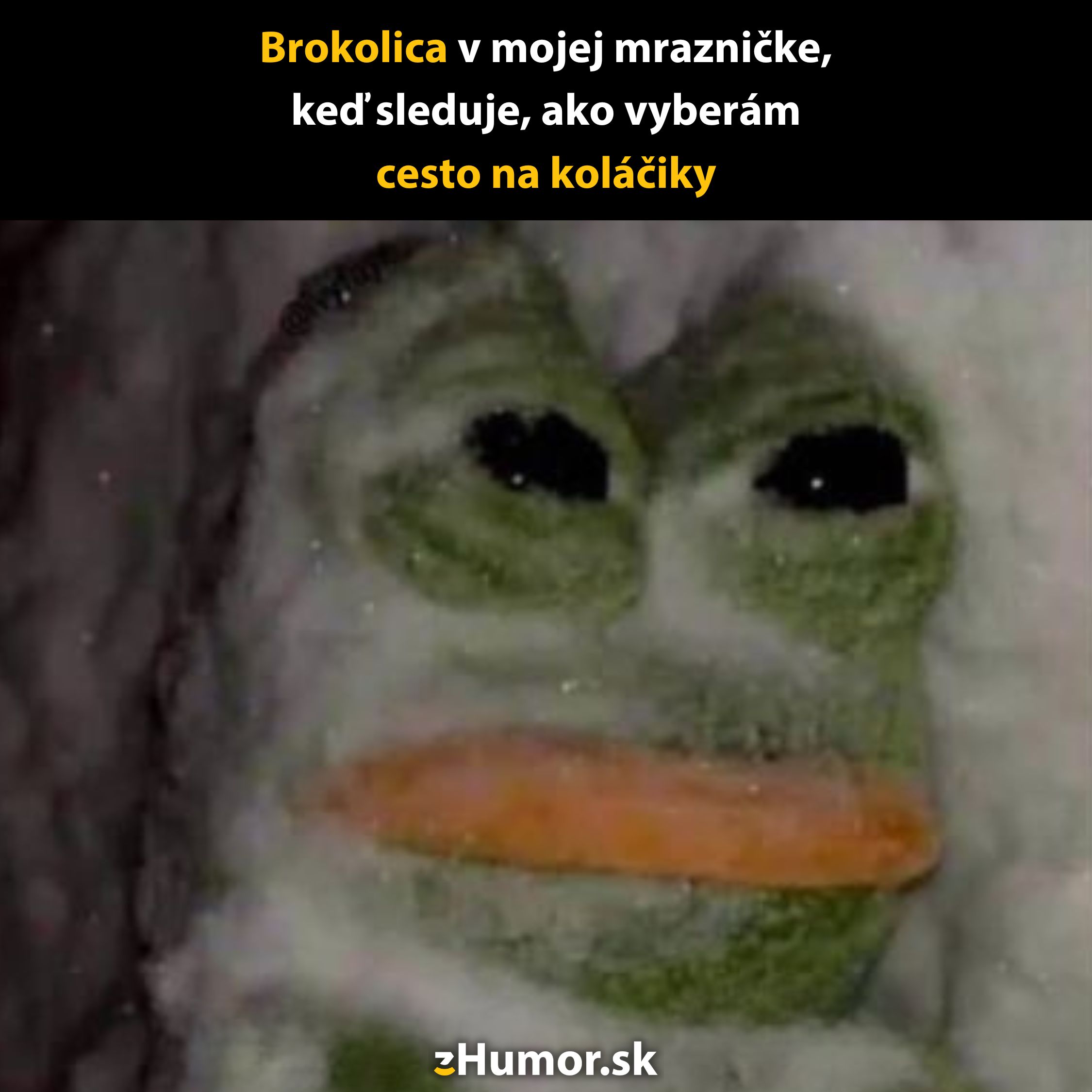 Zmrazená brokolica sledujúca vás pri výbere cesta na koláčiky vtipným pohľadom.