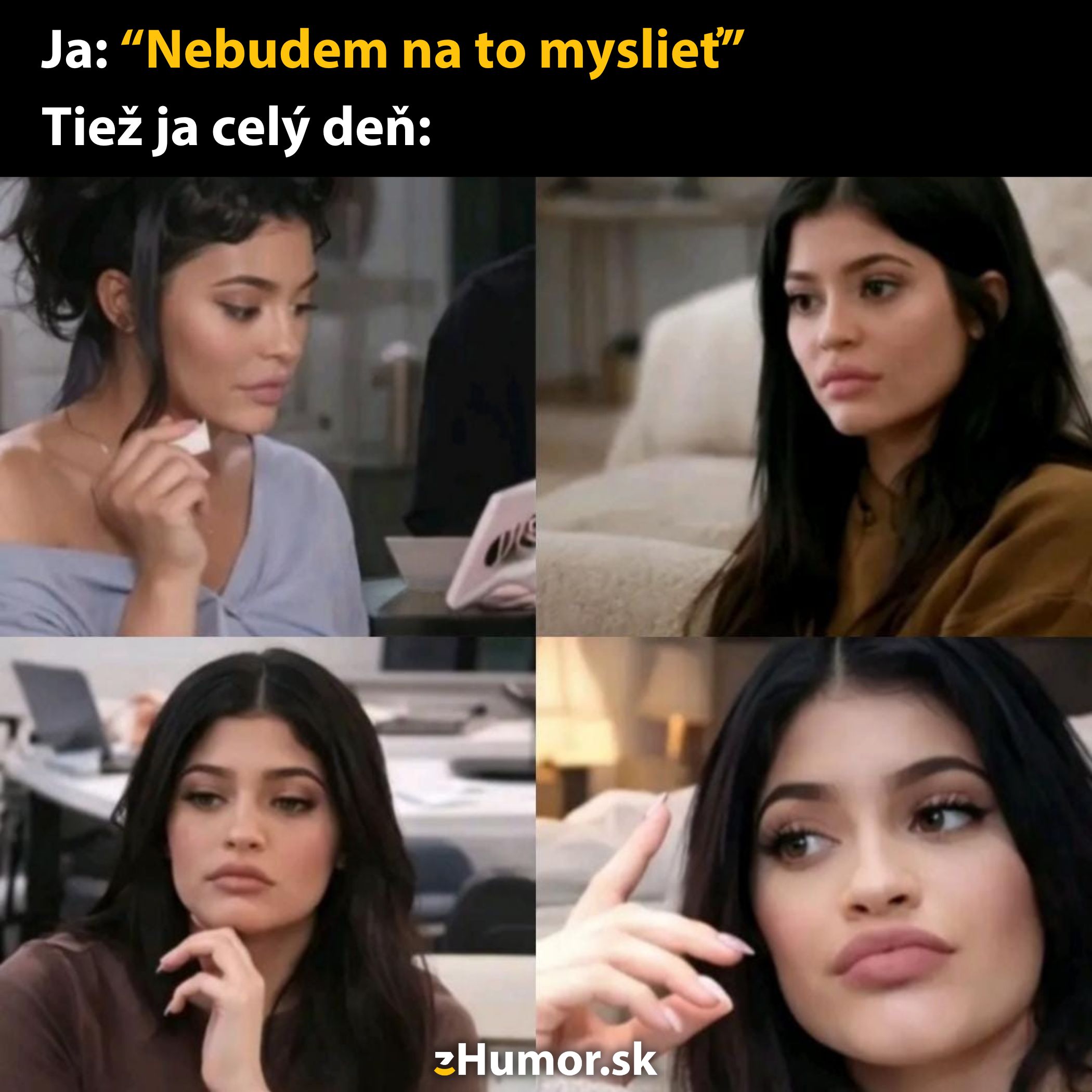 Žena zamyslená nad myšlienkami, vtipný moment z bežného dňa, situácia „nebudem na to myslieť“ opakovane.