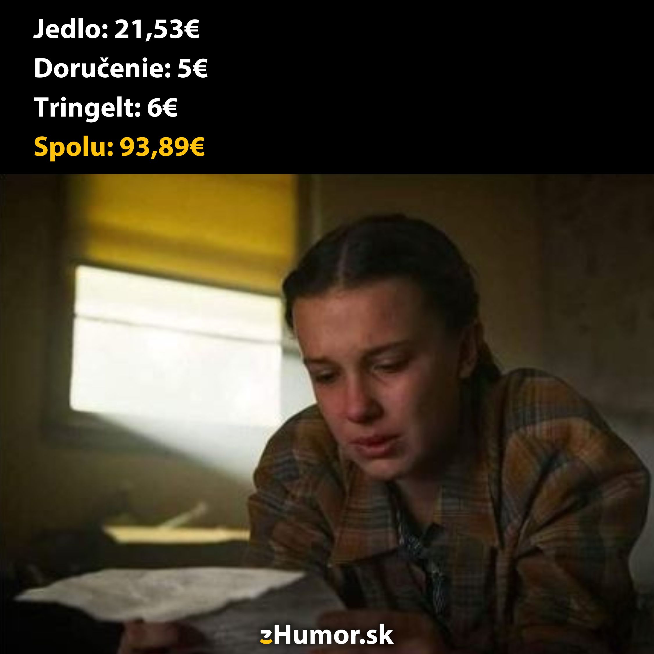 Osoba prekvapená vysokým účtom za jedlo s doručením a sprepitným. Celková suma: 93,89€.