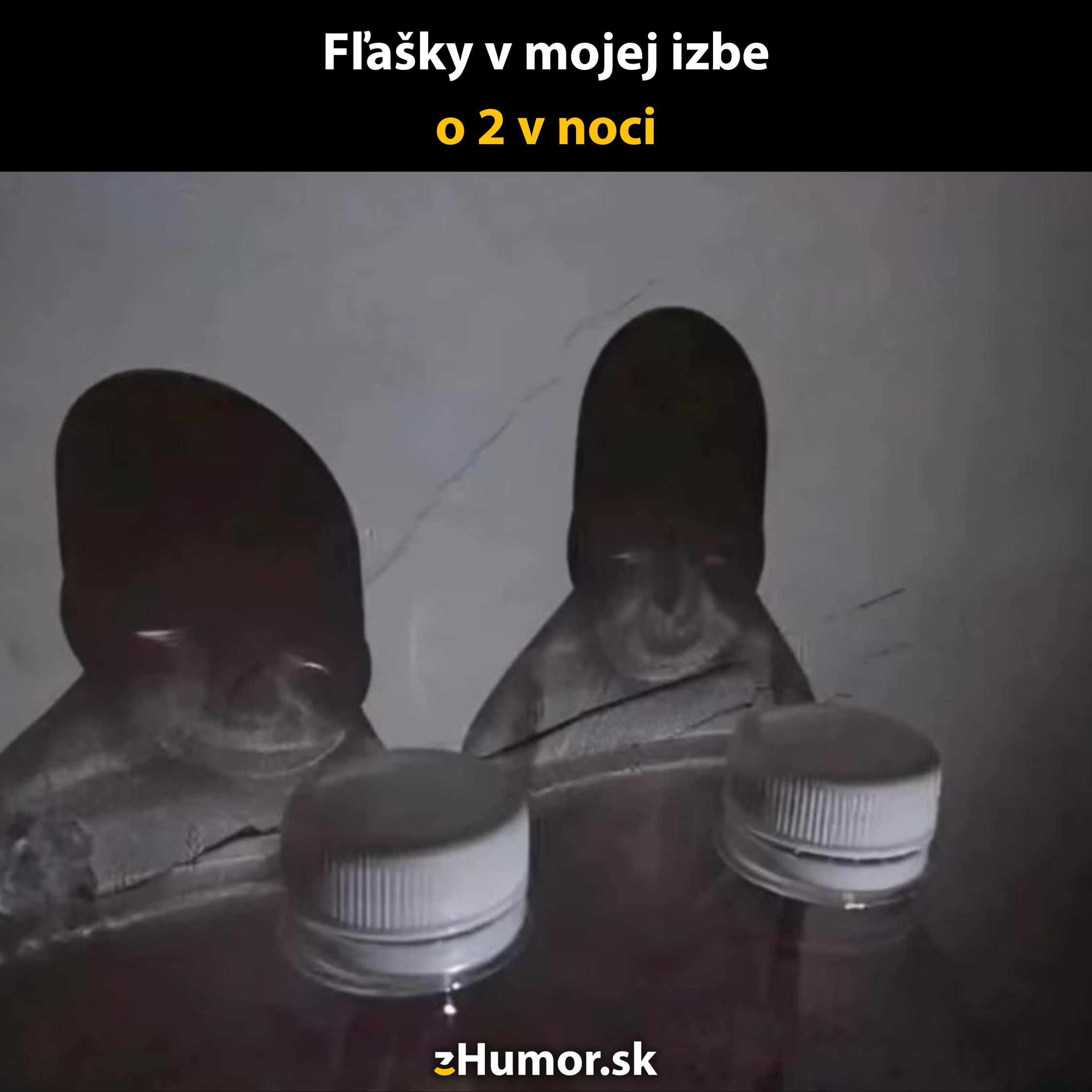 Dve fľaše s tieňmi pripomínajúcimi postavy, spôsobujú vtipný efekt na stene.