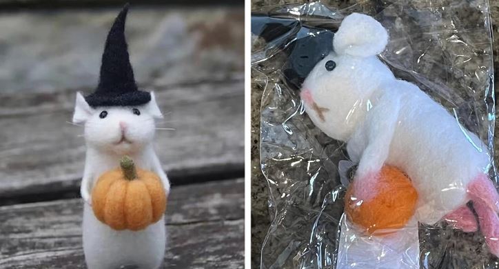 Roztomilý plstený myšiak s halloweenskou tekvicou a čiapkou verzus zabalený výrobok na porovnanie.