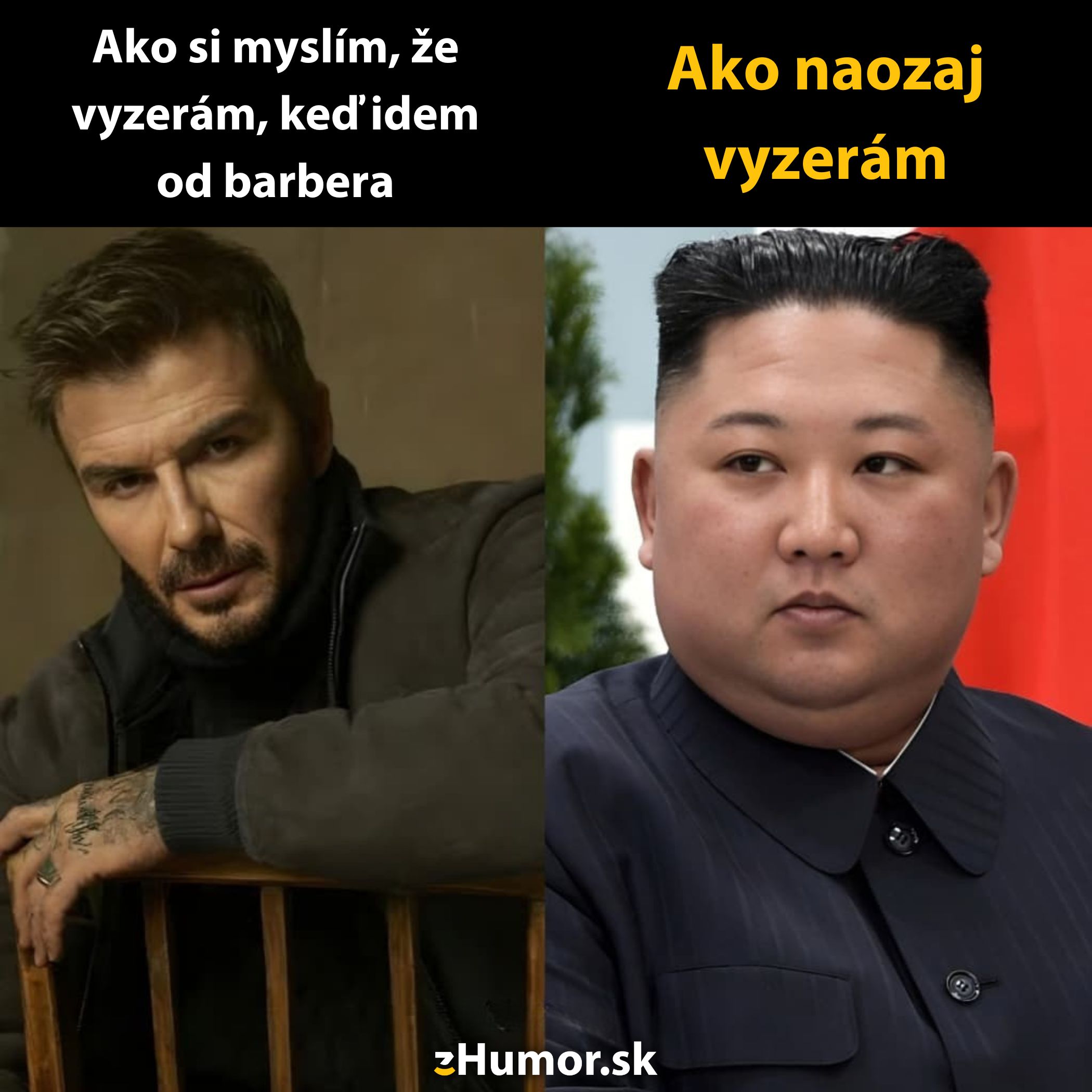 Obrázok s humorom o rozdiele medzi očakávaním a realitou po návšteve barbera.
