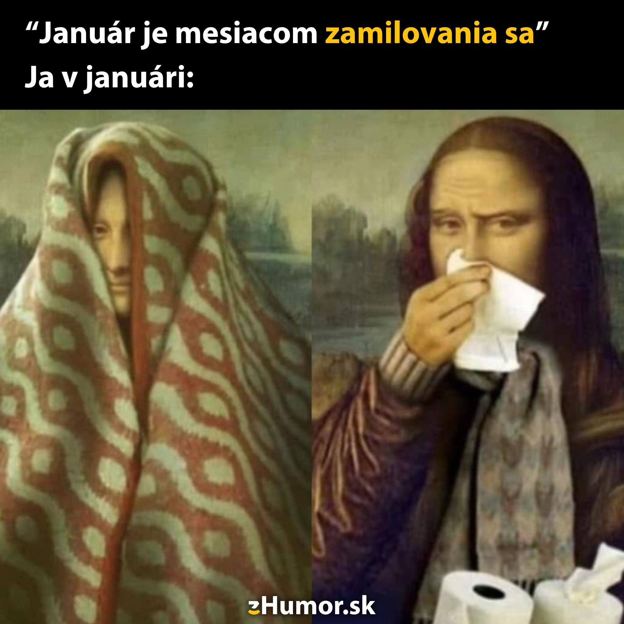 Január pre zamilovaných vs. realita: Zima zabalená v deke, šálka, lopatka na nos, zábavný meme obrázok.