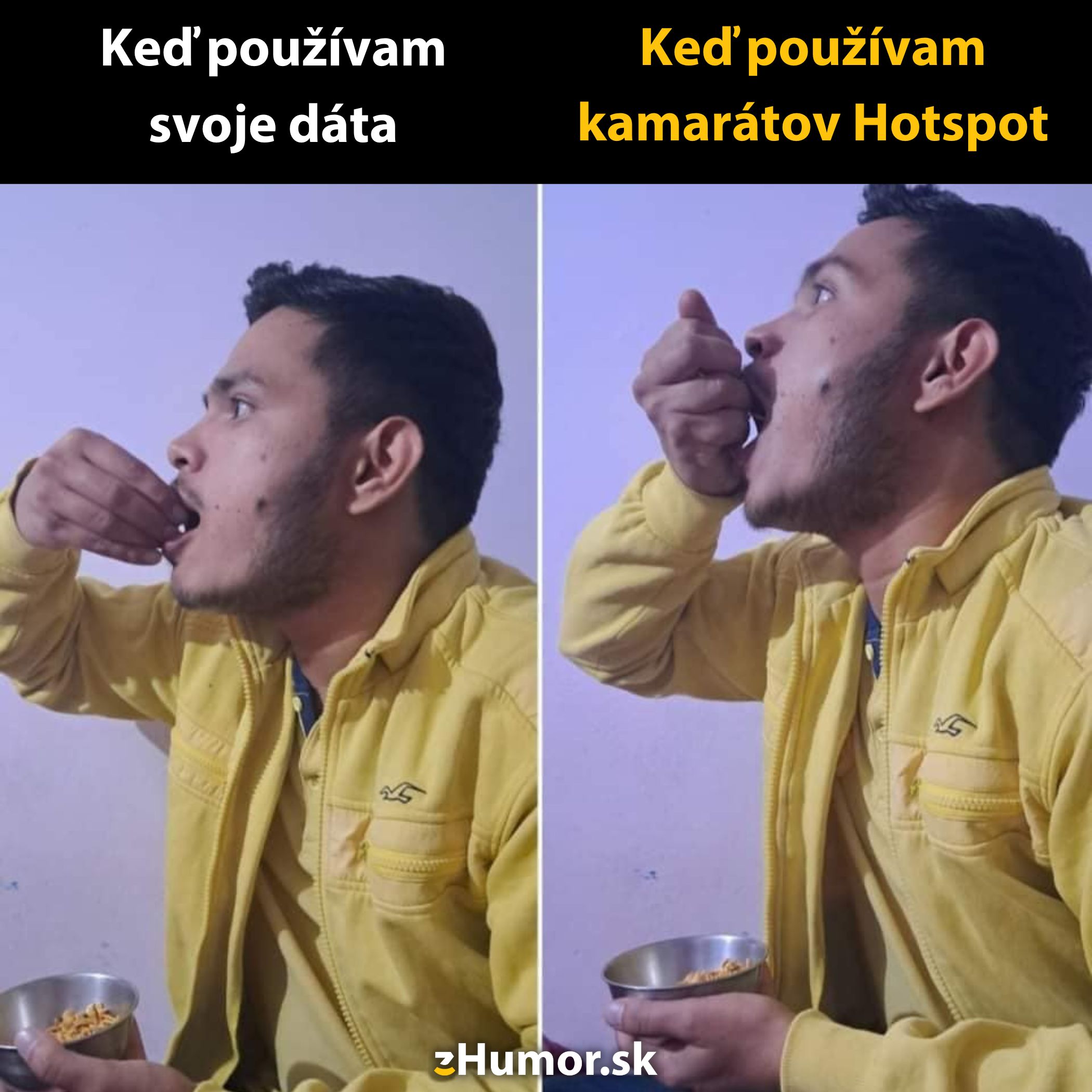 Muž v žltej bunde porovnáva svoj dátový plán s používaním hotspotu, oba zábery zobrazujú jeho reakciu pri jedení.