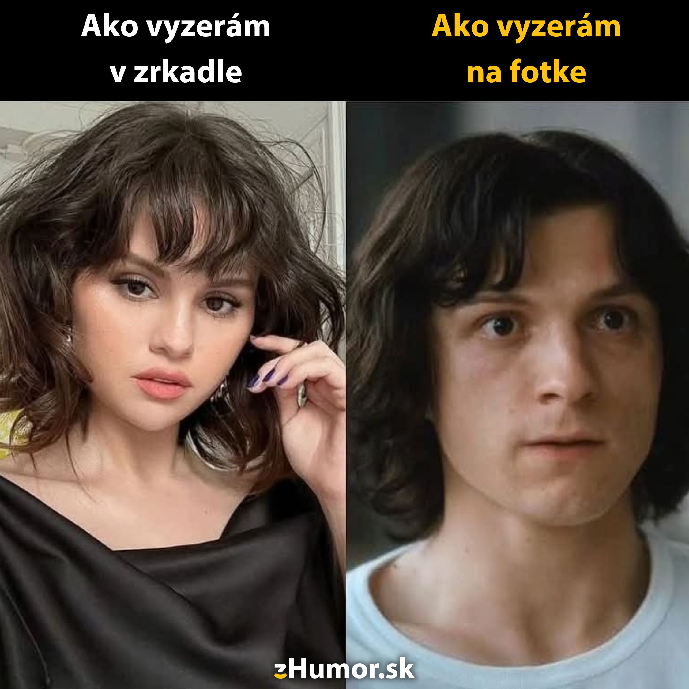 Dve fotografie znázorňujú rozdiel medzi vzhľadom v zrkadle a na fotke s humorným odkazom.