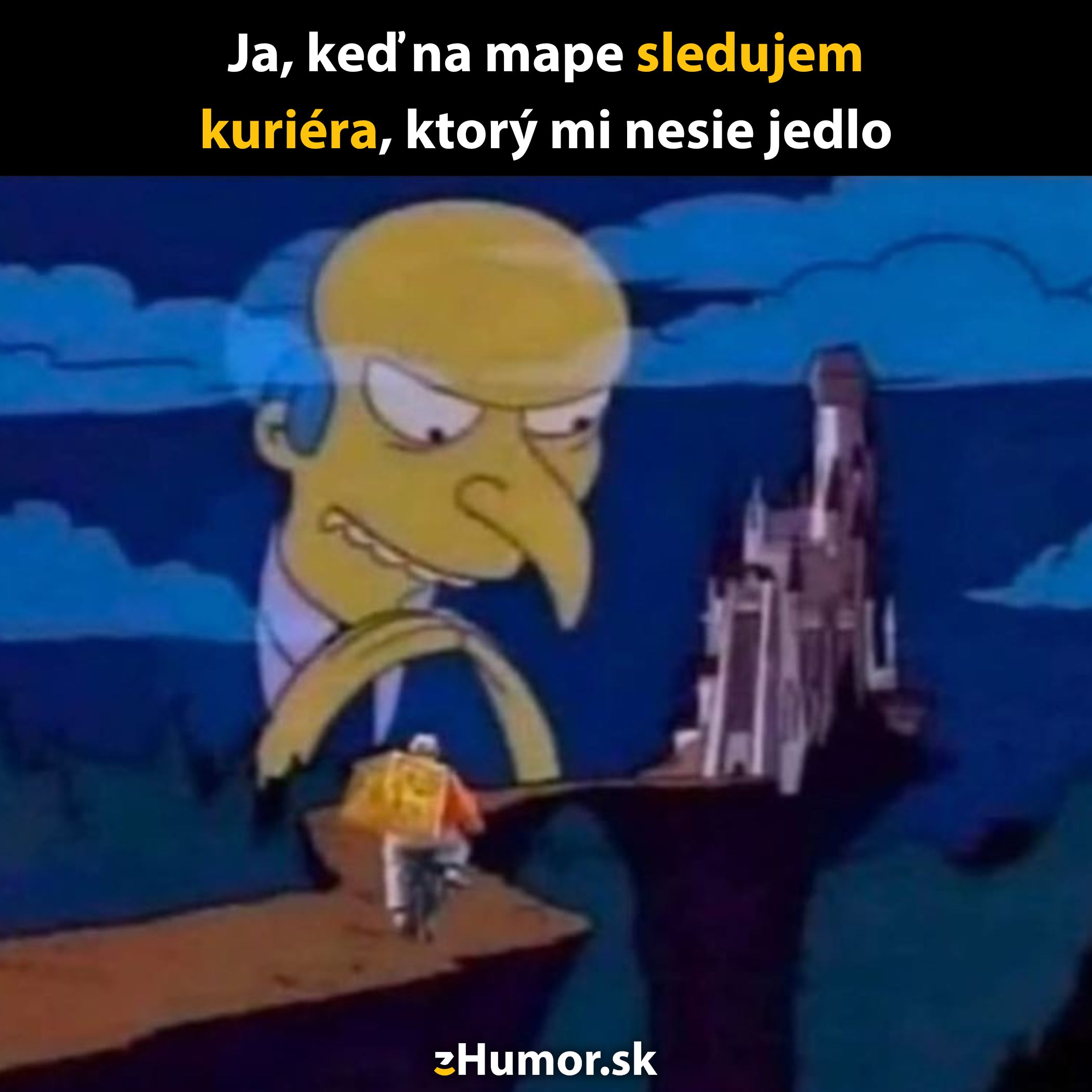 Ilustrácia muža sledujúceho kuriéra na ceste k hradu. Text: Ja, keď na mape sledujem kuriéra, ktorý mi nesie jedlo.