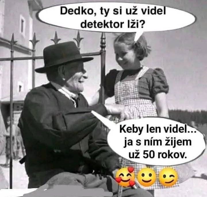 Starý otec, dievčatko a rozhovor o detektore lži s vtipným komentárom o manželstve.
