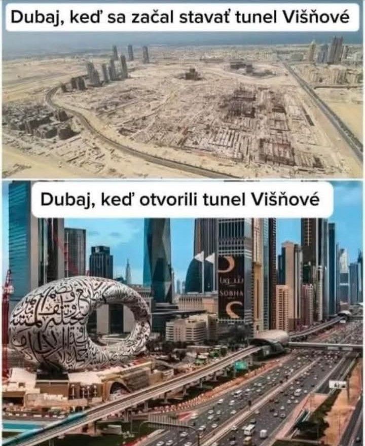 Dubaj: Porovnanie rozvoja mesta pred a po dokončení tunela Višňové, futuristická architektúra a ruch na cestách.