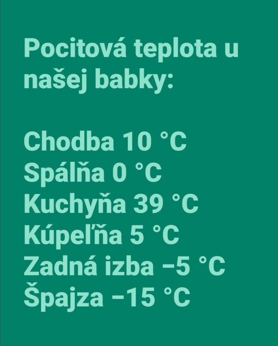 Rôzne pocitové teploty v miestnostiach u našej babky: Chodba 10 °C, Kuchyňa 39 °C, Špajza -15 °C.