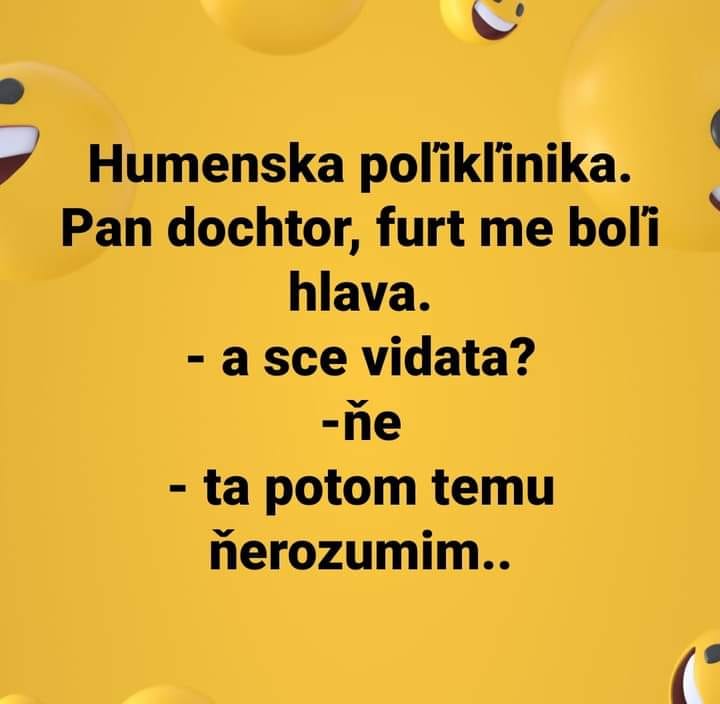 Vtipný dialóg pacienta a lekára v humenskej poliklinike na žltom pozadí s emotikonmi.