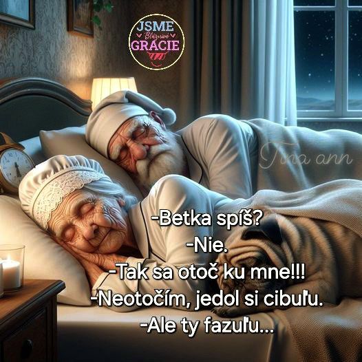 Starší pár leží v posteli, vtipný dialóg o cibuľe a fazuli, pobavená atmosféra.