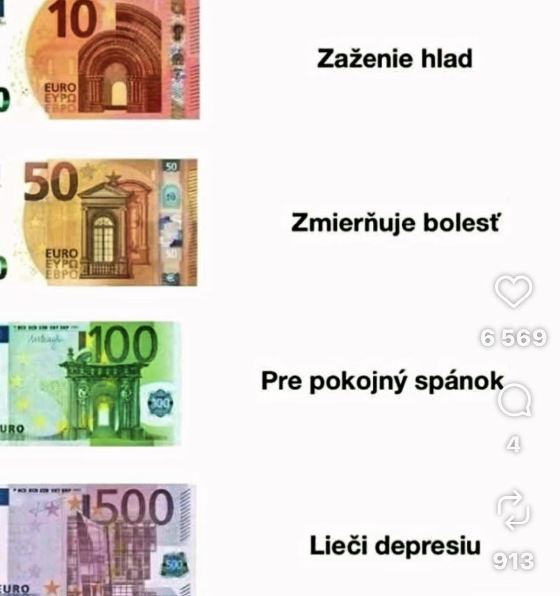 Euro bankovky s vtipnými popiskami: zaženie hlad, zmierňuje bolesť, pokojný spánok, lieči depresiu.