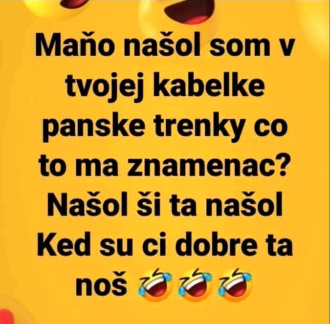 Vtipný text o nájdení pánskych treniek v kabelke s emotikonmi smiechu.