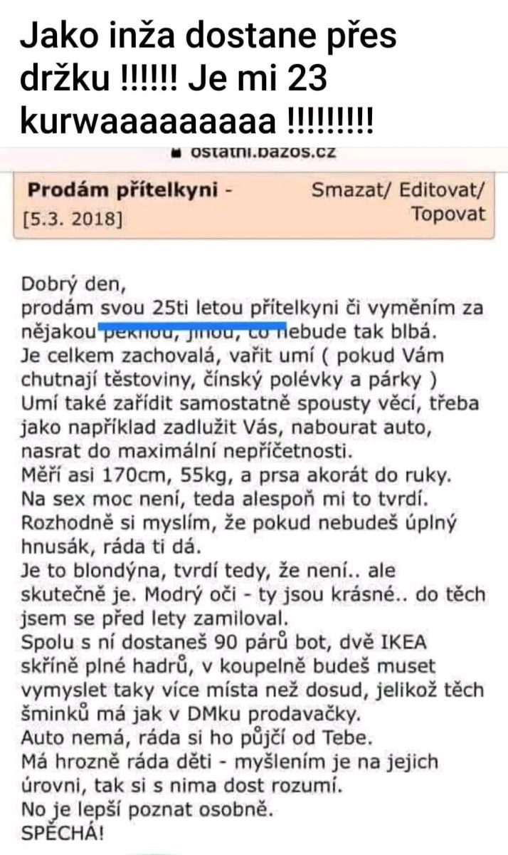 Inzerát vtipne ponúka na predaj priateľku s dôrazom na jej nedostatky.