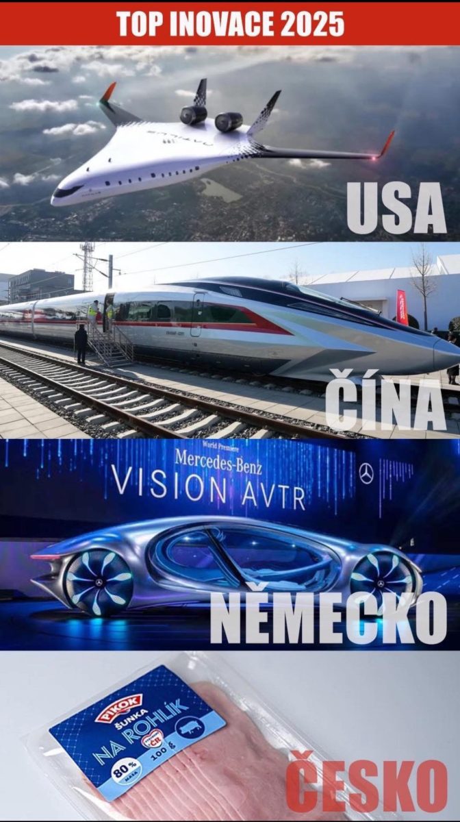 Usa lietadlo, Čína vysokorýchlostný vlak, Nemecko futuristické auto, Česká šunka v balení - inovácie 2025.