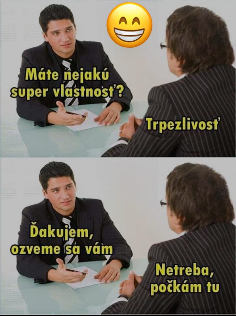 Dva obrázky s rozhovorom na pracovnom pohovore o trpezlivosti a rozhodnutí okamžite čakať na odpoveď.