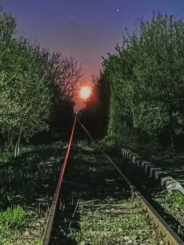 Západ slnka nad železničnou traťou obklopenou stromami, vytvára nádhernú scenériu na večernej oblohe.