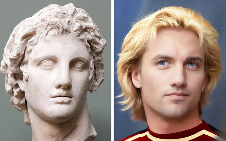 Kamenná busta a moderný portrét blond muža s modrými očami, verne zobrazeného vedľa seba.